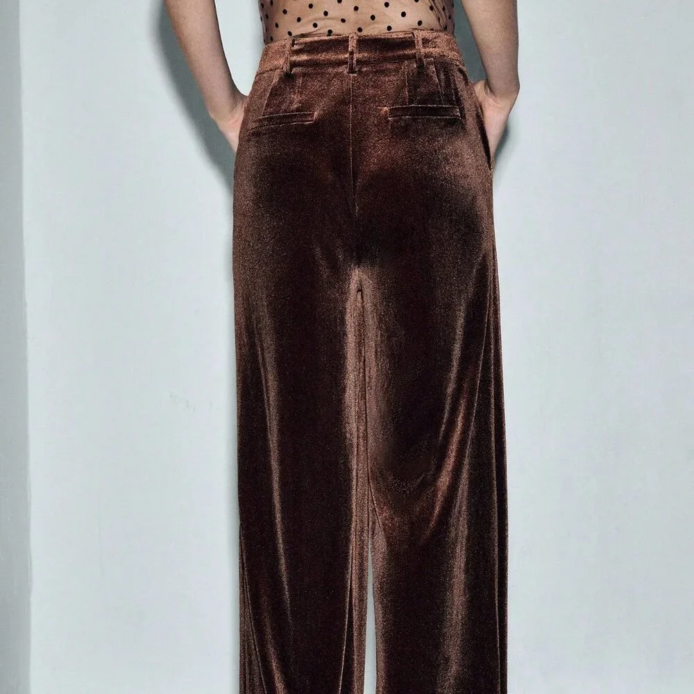 Coffee Brown Party Women's Chic Knitted Velvet Wide Leg Pants
